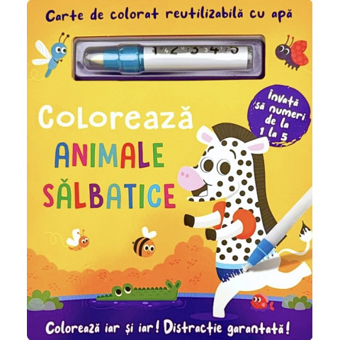 Carte de colorat cu apă. Reutilizabilă: Colorează animale sălbatice